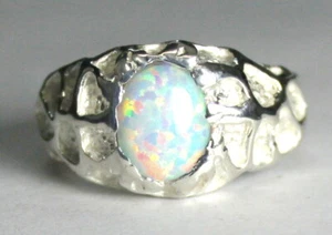 CREATED WHITE OPAL Sterling Silver Men's Ring, Handmade • SR168 - Picture 1 of 6