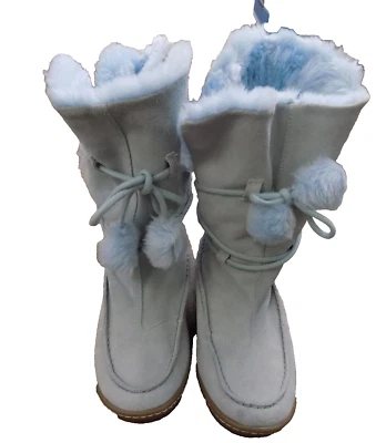 Steve Madden Boots Baby Blue Suede Lined Tassels Pom Poms Wrap ADORABLE Sz 9 EUC - Image 1 of 4