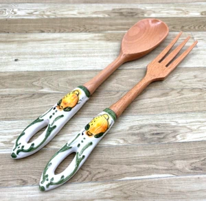 Olivenholz Serviergabel & Löffel Set Keramikgriffe handbemalt Italien signiert - Bild 1 von 12