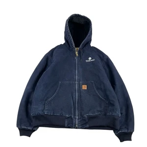 Vintage Carhartt Canvas Coat Mens Large Hooded Quilted Lined Faded Navy J130 MDT - Picture 1 of 9