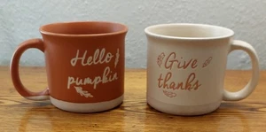 Fall/Autumn orange  "Hello Pumpkin" & cream/tan "Give Thanks" Ceramic Mugs (x2) - Picture 1 of 13
