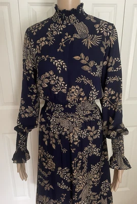 Nanette Lepore 6 Navy Blue Floral Bird Smocked Accents Sheer Hi Low Dress - Image 1 of 4