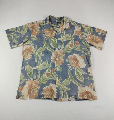 Polo Ralph Lauren 男式衬衫大号蓝色绿色花卉复古 90 年代营地亚麻 — 第 1/4 张图片