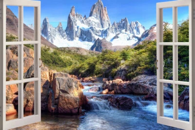 Arte en lienzo con vista a la montaña del río encantado detrás de la ventana marco pared - PÓSTER 20x30 Foto 1 de 4