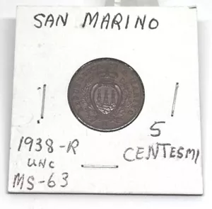 Coin, San Marino, 5 Centesimi, 1938, Rome, MS, Bronze, KM:12 - Picture 1 of 2