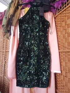 Forrest green Festive sequined velvet high neck dress 8UK - Picture 1 of 13