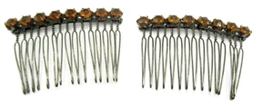 Juego de peines de pelo vintage de metal con plástico naranja oscuro imitación pedrería - Imagen 1 de 3