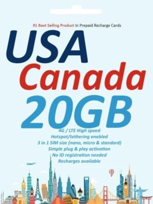 USA & Canada 20GB Data SIM - 30 Days, 5G/4G, No ID Needed, Instant Activation - Image 1 of 4