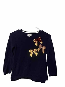 Crown Ivy Girls Small 100% Cotton Sequin Bow Navy Blue Sweater Holiday Sweater - Picture 1 of 5