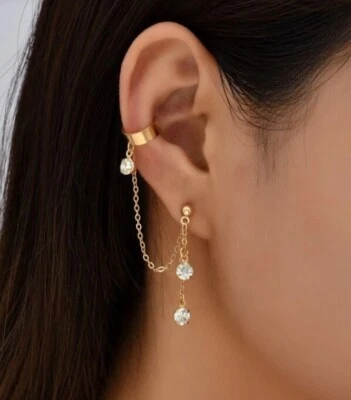 1pair Women's Long Gold Metal Chain Rhinestone & Circle Drop Earrings Jewellery - Image 1 of 3