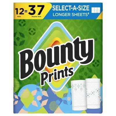 Bounty Paper Towels Printed Select-A-Size 2-Ply Paper Towels, 12 Rolls