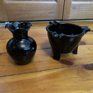 Vintage L. E. Smith Black Amethyst Footed Glass Ashtray & Ruffles Top Vase - Picture 1 of 5