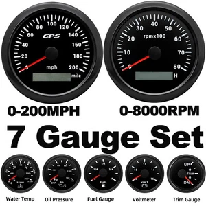 7 Gauge Set 85mm Black GPS Speedometer 200MPH Tachometer 8000RPM Gauge for Boat - Picture 1 of 20