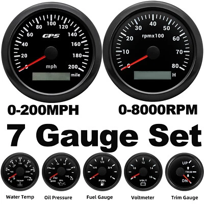 7 Gauge Set 85mm Black GPS Speedometer 200MPH Tachometer 8000RPM Gauge for Boat  - Image 1 of 4