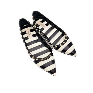 Valentino Garavani Rockstud Stripe Black White Pointed Toe Flats EU 38 - Picture 1 of 9