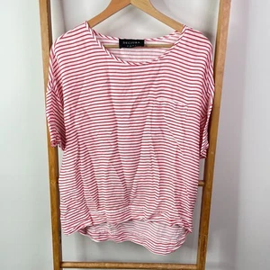 Decjuba Shirt Top Womens Small Red White Striped Short Sleeve Casual Viscose - Picture 1 of 11
