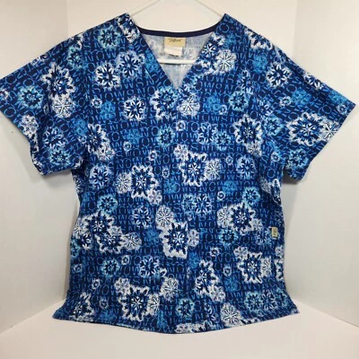 Tafford Scrub Top Womens Medium Blue Short Sleeve Shirt Snowflake Snow Winter - Image 1 of 4
