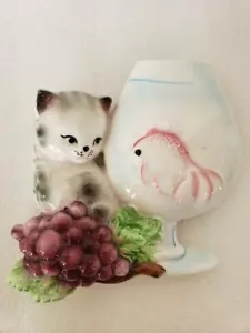Vintage 3 D Kätzchen mit Blick auf das Glas - Keramik Wandrelief Made in Japan - Bild 1 von 12