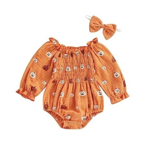 Newborn Baby Girl Outfit Cute Romper Long Sleeve Ruched 0-6 Months Orange - Picture 1 of 7