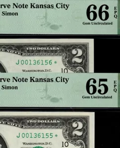 2 Consecutive 1976 $2 Kansas City Star Notes PMG 65 & PMG 66 GEM UNCIRCULATE AEJ - Picture 1 of 4