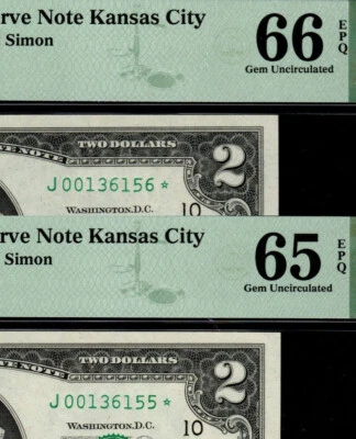 2 Consecutive 1976 $2 Kansas City Star Notes PMG 65 & PMG 66 GEM UNCIRCULATE AEJ - Image 1 of 4