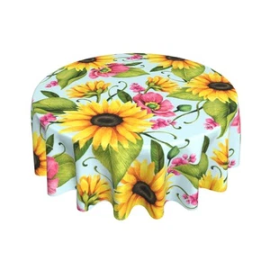 Sunflower Tablecloth Round 60 Inch Floral Table Cloth Washable Spillproof Wri... - Picture 1 of 7