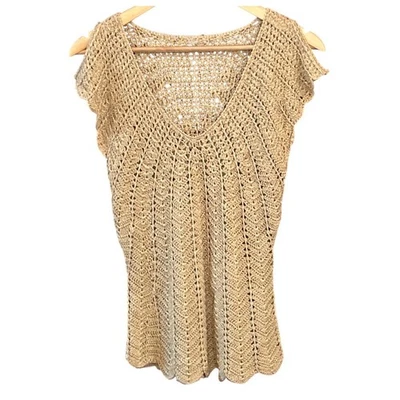 Y2K Gold Metallic Silk Blend Crocheted Sweater Boho Resort Beach Coastal Grandma - Image 1 of 4