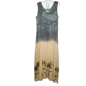 Citron Floral Silk Maxi Dress Jumper M Gray Blue Green Tan Abstract Artsy Boho - Picture 1 of 7