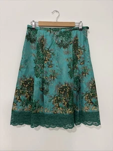A | Line Blue Green Brown Lace Trim Pleat A-Line Skirt Sz 8 - Picture 1 of 8