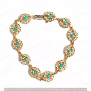 Tennis Flower Bracelet Simulated Turquoise & Diamond 6 Ct 925 Silver Gold Plated - Picture 1 of 8