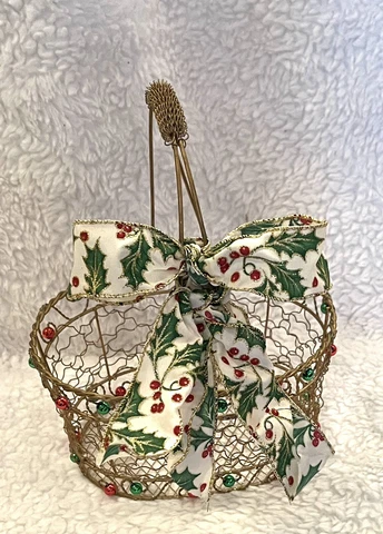 Christmas Red & Green Ornate Twist Wire Basket Gold Tone Decorative Handle Cover