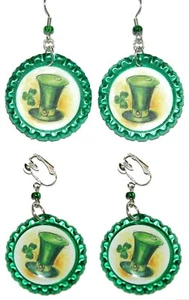St Patricks Day Top Hat Bottle Cap Pierced or Clip on Dangle Earrings (CAP038) - Picture 1 of 3