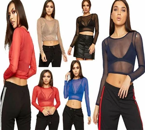 Women Long Sleeve Sheer Mesh Fancy Top Ladies Plain Party Wear Crew Neck Top - Picture 1 of 14