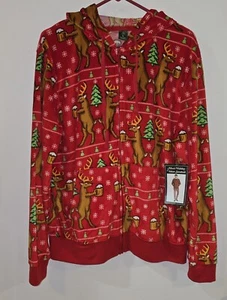 Divertida Chaqueta de Navidad de Terciopelo con Capucha para Hombres Grande Roja con Ciervos sosteniendo tazas de cerveza - Imagen 1 de 6