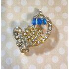 Vintage Blingy Feather Blue Enerald Cut and Clear Round Rhinestones Brooch Pin B