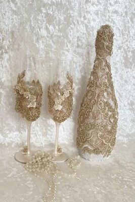 Champagne  Flute Set & Bottle Cover Beaded , Sequins, Luxury Velvet Handmade - Изображение 1 из 4