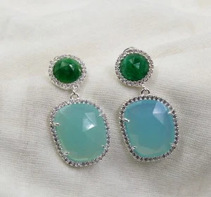 Solid 925 Sterling Silver Chalcedony Emerald Gemstone Earring - Picture 1 of 8