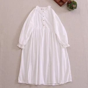 Lady 100% Cotton Long Full Slip Dress Long Sleeve Crew Neck Lace Slip Dresses - Picture 1 of 20