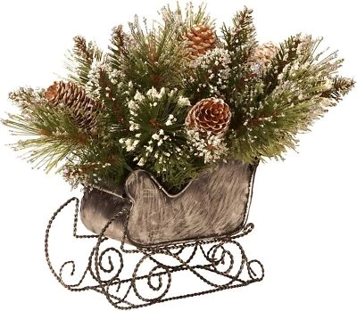 National Tree 10 Inch Glittery Bristle Pine Sleigh with 6 White Tipped Cones - Image 1 of 4
