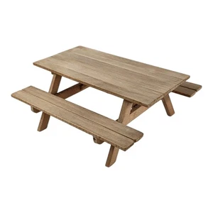 Dollhouse Wood Picnic Table with Benches, Handmade Artist Signed LBJ 84 Natural - Picture 1 of 10