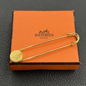 HERMES Authentic Série Safety Pin Brooch Gold Color Metal Size 22x73mm with Box - Picture 1 of 6