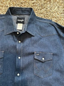 wrangler Pearl Snap brushpopper shirt Xxxl 3xl Dark Wash Denim Vtg Heavyweight - Picture 1 of 4