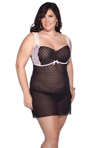 Lingerie Women's Plus Size Black Polka Dot Mesh Pink Lace Short Nightgown Sexy - Picture 1 of 4