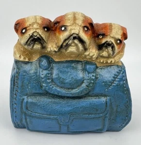 Vintage Cast Iron Bank Bulldogs 3 Puppies Bag Purse Dog Still Coin Piggy Rare - Picture 1 of 12