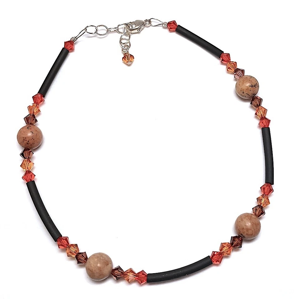 Tobillera - Cuentas de goma, jaspe y cristal ámbar, 9,25" con extensión de plata de 1" Foto 1 de 1