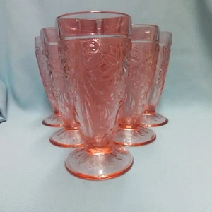 6 Piece Pink Sandwich Indiana Glass Footed Tumblers 8 Ounce - Picture 1 of 5