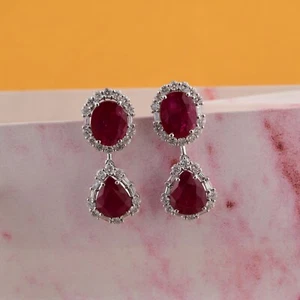 8.78 TCW Ruby Gemstone Lab Grown CVD Diamond Dangle Earrings Gift 18k White Gold - Picture 1 of 10