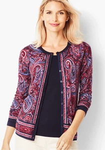 Neu Talbots Knopfleiste Cardigan Pullover Blumen Paisley Print rot Größe Large - Bild 1 von 10