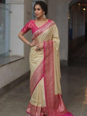 Banarasi Silk Designer Sarees, South Indian Wedding Party Wear Sari Blouse - Image 1 of 4