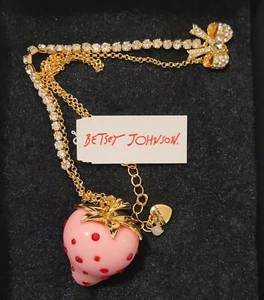 3D Acrylic Betsey Johnson Pink Strawberry RED Crystal Pendant  Necklace w/ BOW - Picture 1 of 12